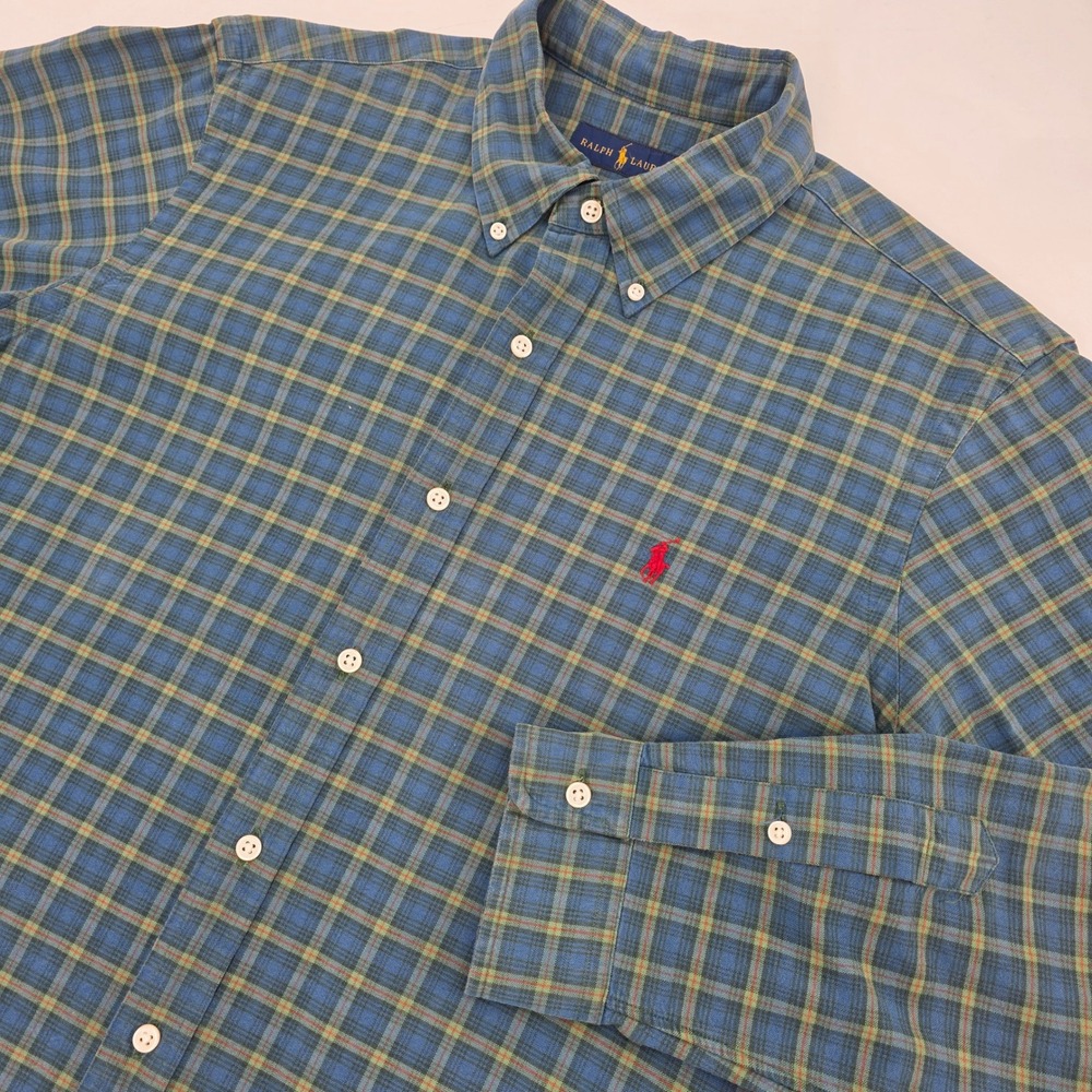 RALPH LAUREN BUTTON DOWN SHIRT MENS LARGE BLUE GREEN PLAID PREPPY OFFICE COTTON